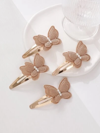 4pcs Toddler Girls Butterfly & Faux Pearl Decor Snap Clip