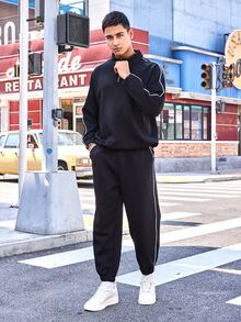 Men Contrast Piping Quarter Zip Sweatshirt & Joggers - Black - View 3