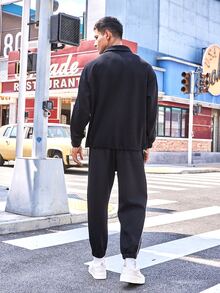 Men Contrast Piping Quarter Zip Sweatshirt & Joggers - Black - View 4
