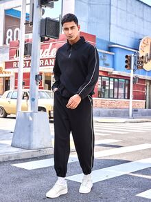 Men Contrast Piping Quarter Zip Sweatshirt & Joggers - Black - View 5