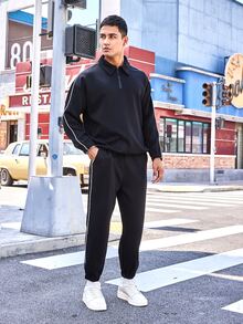 Men Contrast Piping Quarter Zip Sweatshirt & Joggers - Black - View 6