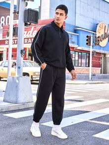 Men Contrast Piping Quarter Zip Sweatshirt & Joggers - Black - View 7