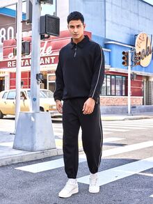 Men Contrast Piping Quarter Zip Sweatshirt & Joggers - Black - View 8
