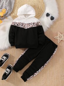 Bộ thời trang bé gái Sọc bên Khối Màu In hoa Báo Giải trí - Đen và trắng - Xem 1