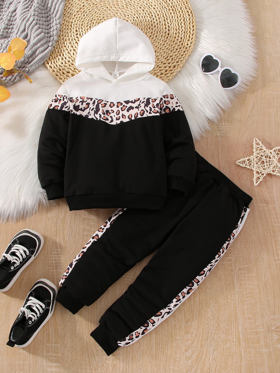 Bộ thời trang bé gái Sọc bên Khối Màu In hoa Báo Giải trí - Đen và trắng - Xem 1