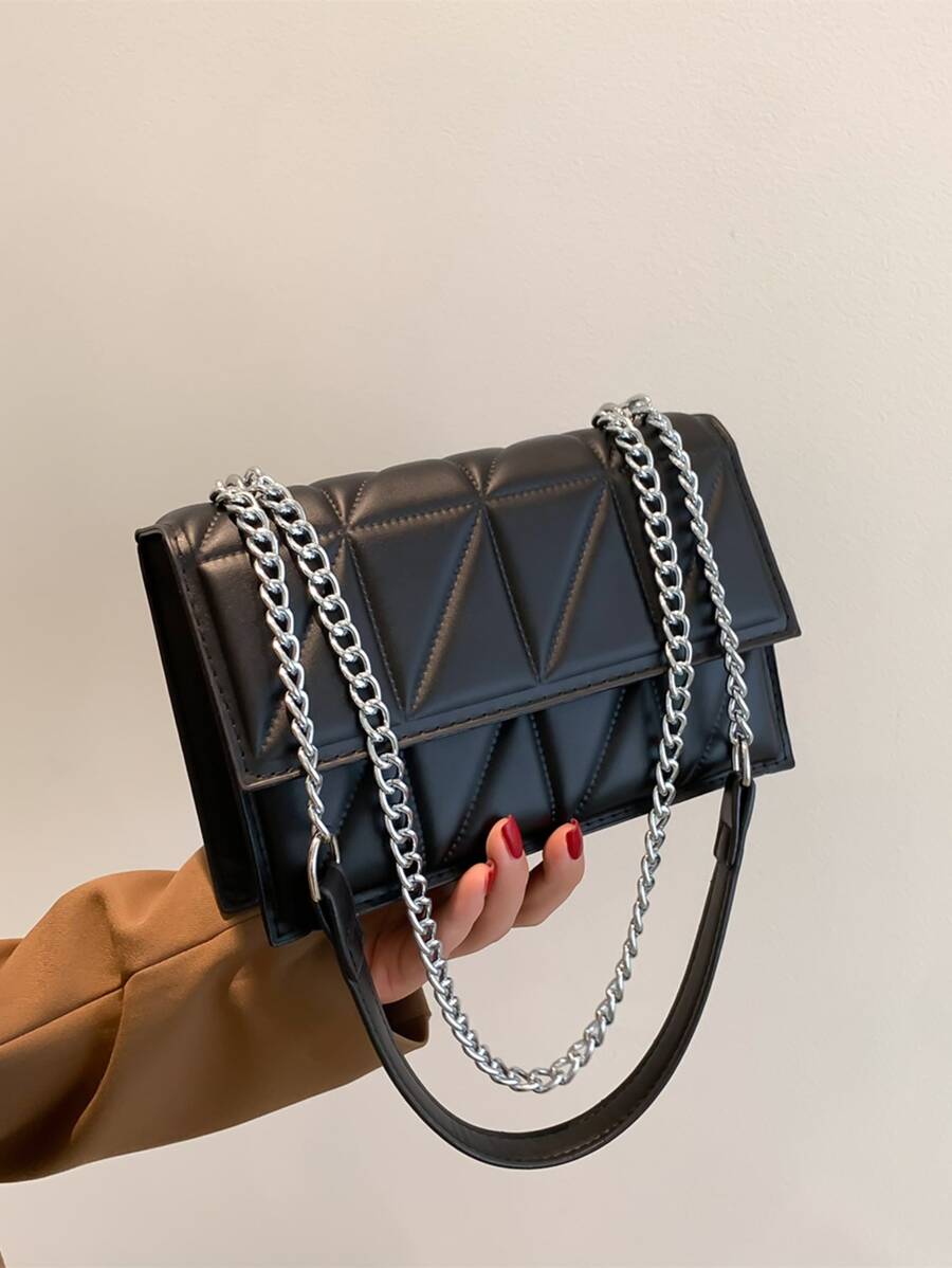 Fashion Quilted Crossbody Bag, PU Flap Shoulder Bag, Women's Casual Vegan Handbag & Purse Quilted Chain Decor Flap Square Bag - Black - View 1