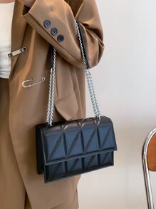 Fashion Quilted Crossbody Bag, PU Flap Shoulder Bag, Women's Casual Vegan Handbag & Purse Quilted Chain Decor Flap Square Bag - Black - View 2
