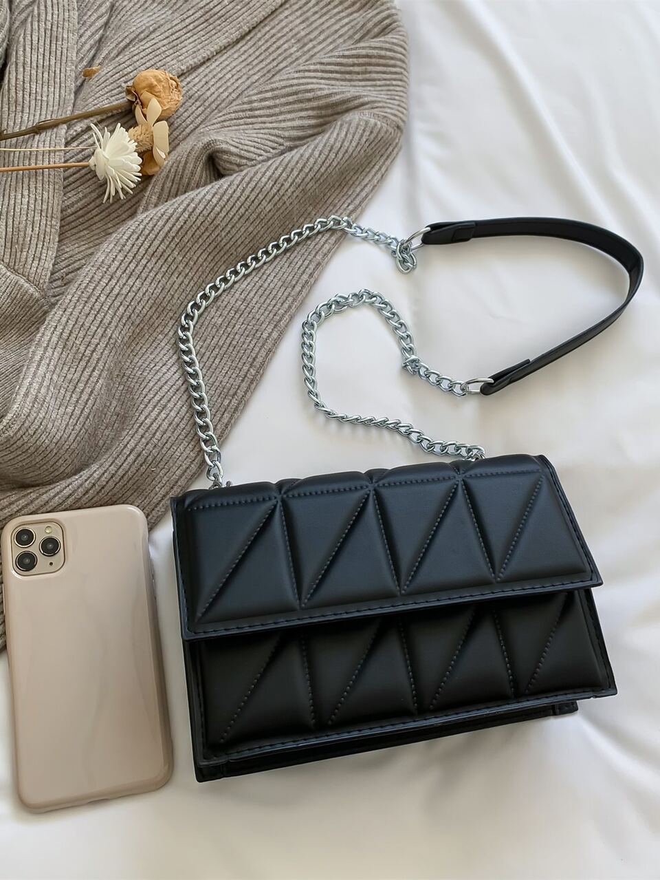 Fashion Quilted Crossbody Bag, PU Flap Shoulder Bag, Women's Casual Vegan Handbag & Purse Quilted Chain Decor Flap Square Bag