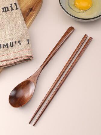 1pc Wooden Spoon & 1pair Chopsticks, Kitchen, Christmas Gift,School Supplies