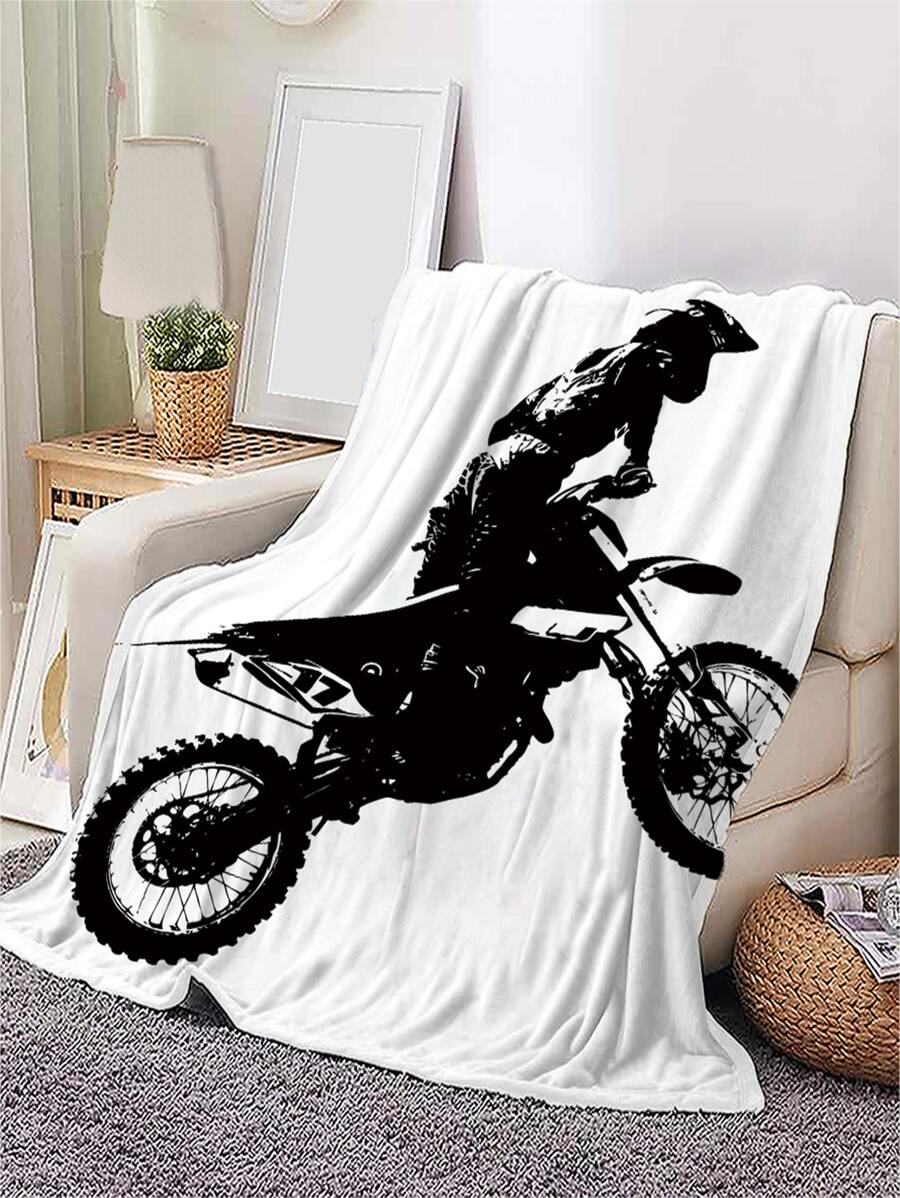 摩托車和人像圖案毯子 - 黑與白 - 查看 1