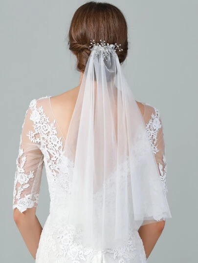 1件装柔软薄纱、水钻和叶子装饰新娘头纱头饰，适合秋季女性穿着，情人节配饰