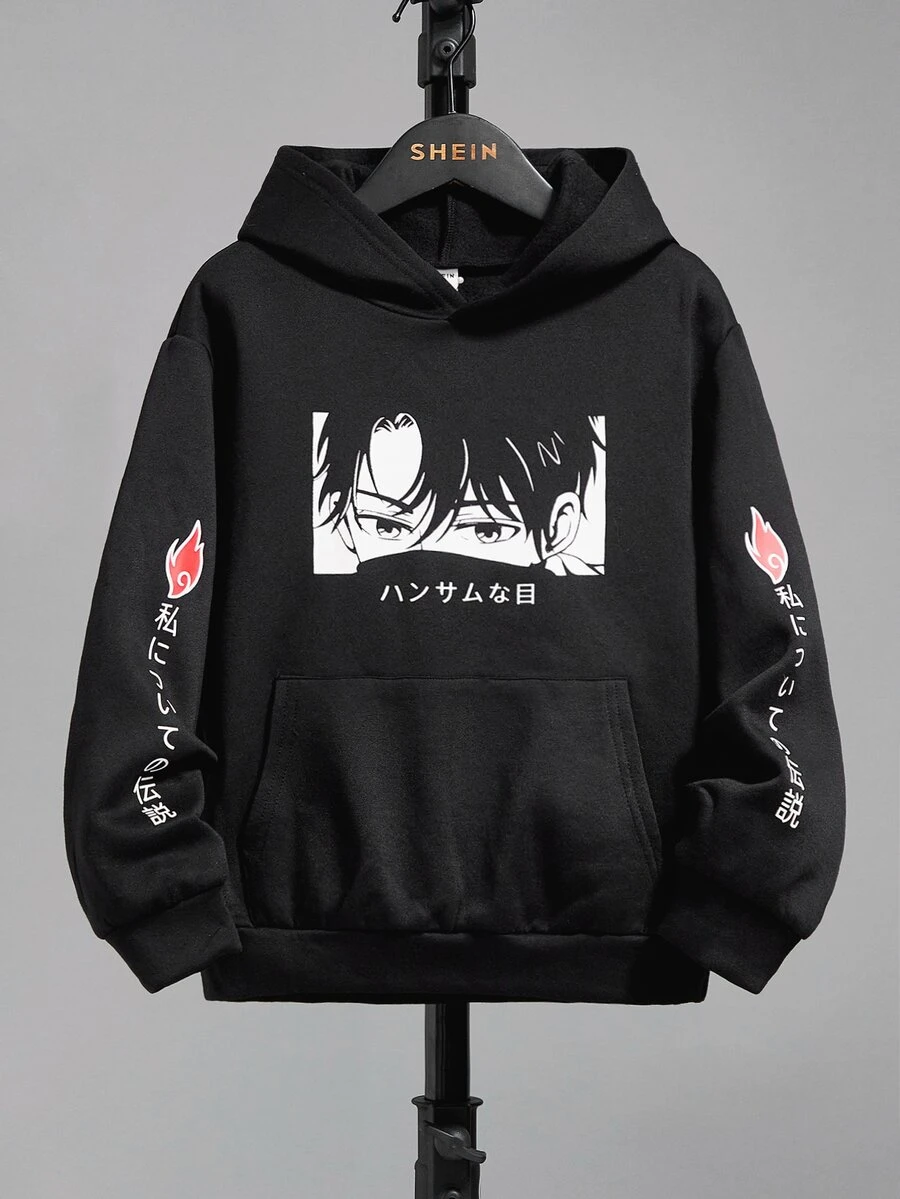 SHEIN Tween Boy Japanese Letter & Figure Graphic Kangaroo Pocket Sweatshirt - Black - View 1