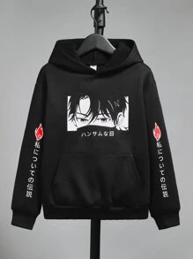 SHEIN Tween Boy Japanese Letter & Figure Graphic Kangaroo Pocket Sweatshirt - Black - View 5