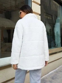 秋冬落肩拉链法兰绒夹棉大衣 - 白色 - 查看 2