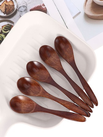 5pcs Durable Wooden Spoon Set, Include Long Handle Tea Spoon, Milk & Honey Soup Spoon, And Stirring Rod - Great Kitchen Accessories