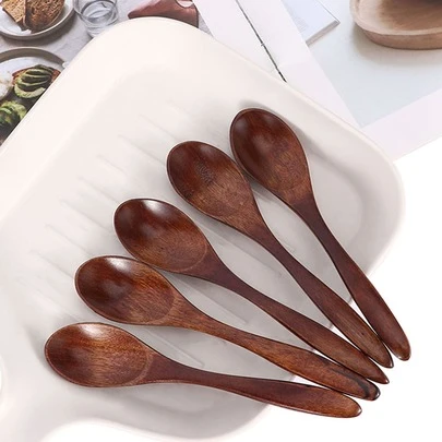 5pcs Durable Wooden Spoon Set, Include Long Handle Tea Spoon, Milk & Honey Soup Spoon, And Stirring Rod - Great Kitchen Accessories