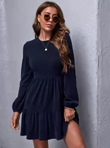 SHEIN Clasi Vestido bajo con fruncido tejido de canalé - Azul Marino - Ver 1