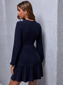 SHEIN Clasi Vestido bajo con fruncido tejido de canalé - Azul Marino - Ver 2