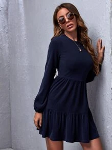 SHEIN Clasi Vestido bajo con fruncido tejido de canalé - Azul Marino - Ver 4