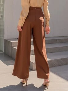 Modelyn Pantalones de pierna ancha de talle alto ribete con fruncido - Café integral - Ver 2