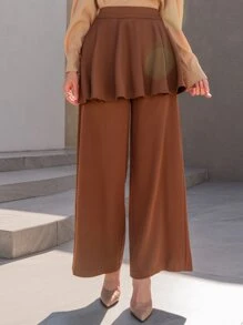 Modelyn Pantalones de pierna ancha de talle alto ribete con fruncido - Café integral - Ver 6