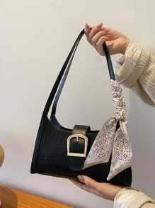 鱷魚壓花棍形包扣和紗巾裝飾pu材質,日常肩背包,輕量便攜,追求簡約時尚的女性、新手和白領工作者,送女友、送女士禮品都很合適,適用於辦公室、工作、商務、通勤、購物等場合。 - 黑色 - 查看 1