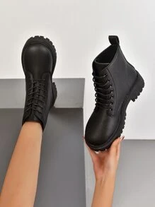 Lace-up Front Combat Boots - Black - View 1