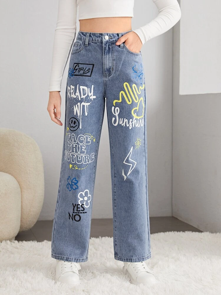 Teen Girls Slogan and Cartoon Graphic Jeans