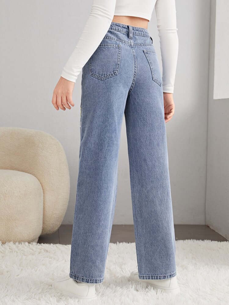 Teen Girls Slogan and Cartoon Graphic Jeans