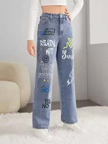 SHEIN 青少年女孩標語和卡通圖案牛仔褲 - 淺色水洗藍 - 查看 4