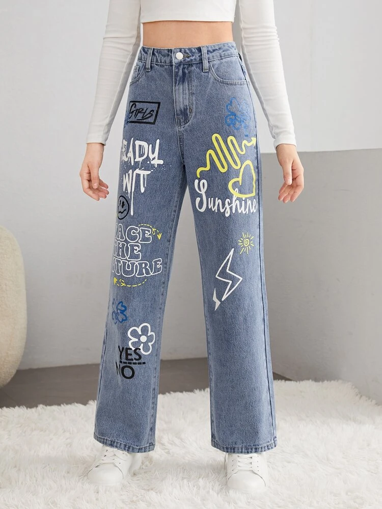 Teen Girls Slogan and Cartoon Graphic Jeans