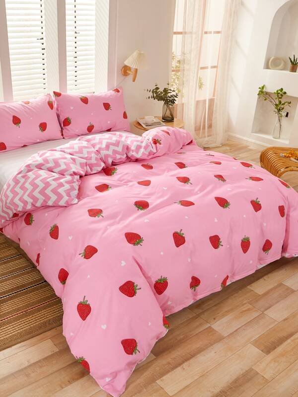 Strawberry Print Duvet Cover Set Without Filler SHEIN USA