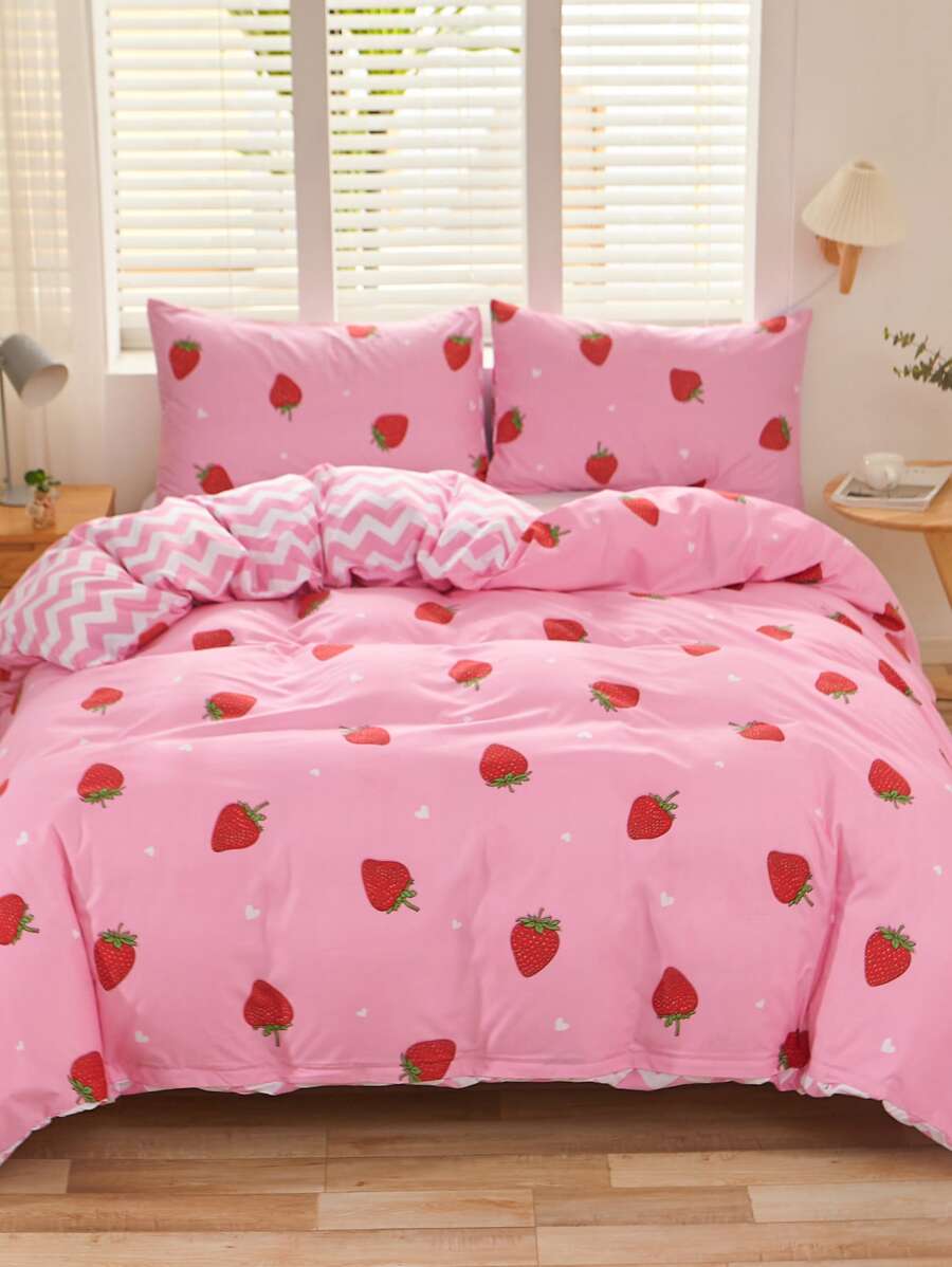 Strawberry Print Duvet Cover Set Without Filler SHEIN USA