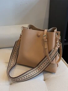 CONTAINEVERY Litchi Embossed Square Bag - Khaki - View 1