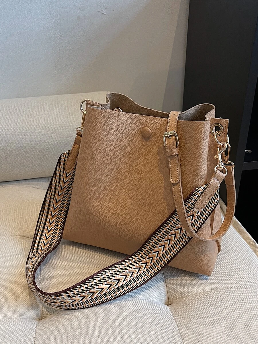 CONTAINEVERY Litchi Embossed Square Bag - Khaki - View 1