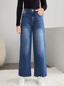 SHEIN 青少年女孩拉鏈門襟闊腿牛仔褲 - 深色水洗藍 - 查看 1