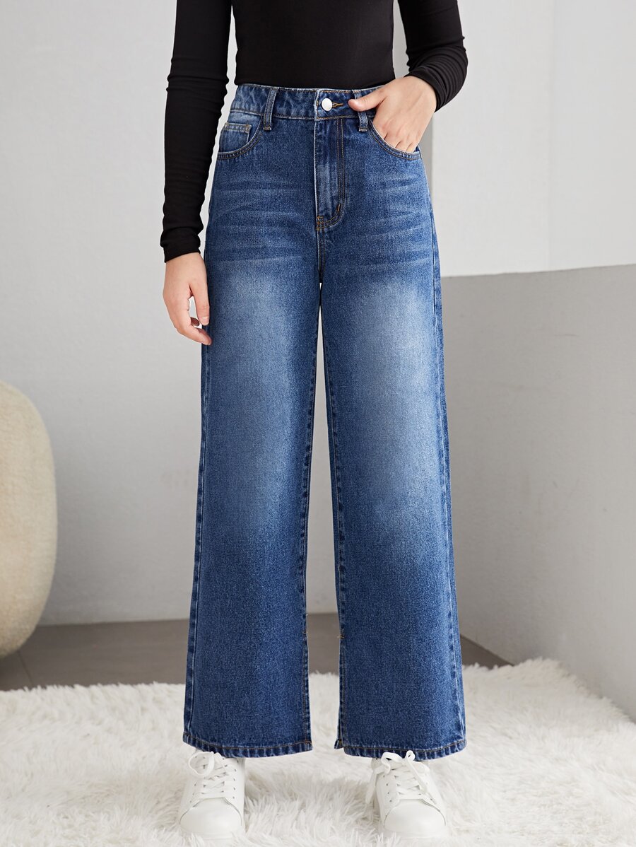 SHEIN 青少年女孩拉鏈門襟闊腿牛仔褲 - 深色水洗藍 - 查看 1