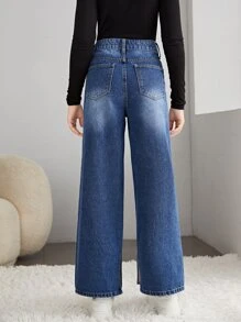 SHEIN 青少年女孩拉鏈門襟闊腿牛仔褲 - 深色水洗藍 - 查看 2