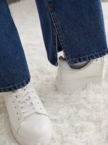 SHEIN 青少年女孩拉鏈門襟闊腿牛仔褲 - 深色水洗藍 - 查看 5