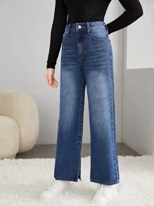 SHEIN 青少年女孩拉鏈門襟闊腿牛仔褲 - 深色水洗藍 - 查看 6