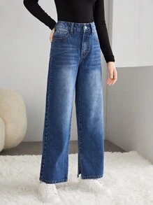 SHEIN 青少年女孩拉鏈門襟闊腿牛仔褲 - 深色水洗藍 - 查看 4