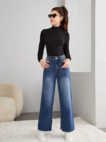 SHEIN 青少年女孩拉鏈門襟闊腿牛仔褲 - 深色水洗藍 - 查看 3