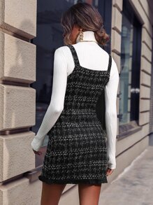 Vestido de tirantes con patrón de cuadros ribete crudo tweed sin top - Negro - Ver 2