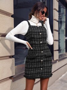 Vestido de tirantes con patrón de cuadros ribete crudo tweed sin top - Negro - Ver 3