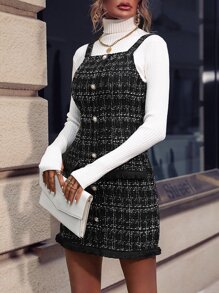 Vestido de tirantes con patrón de cuadros ribete crudo tweed sin top - Negro - Ver 5
