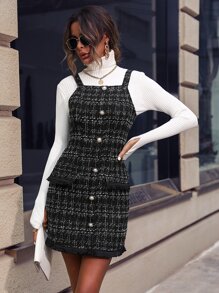 Vestido de tirantes con patrón de cuadros ribete crudo tweed sin top - Negro - Ver 6