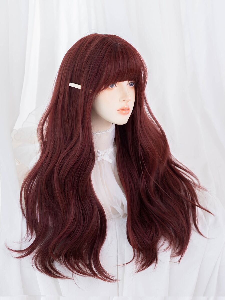 1pc 28-inch Long Synthetic Heat-resistant Fiber Red Curly Wig, Suitable For Daily Wear, Natural And Realistic Looking Hairpiece - Burgundy - View 1