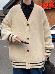 男士條紋飾邊落肩袖開襟衫 - 杏色 - 查看 1