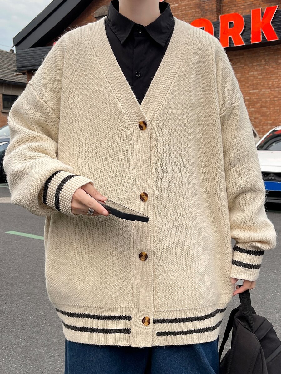 男士條紋飾邊落肩袖開襟衫 - 杏色 - 查看 1