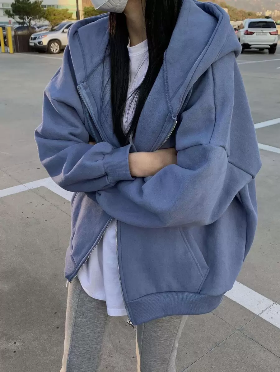 DAZY 落肩抽绳拉链保暖连帽衫、长袖上衣、秋季女装运动衫夹克 - 霧霾藍 - 查看 1